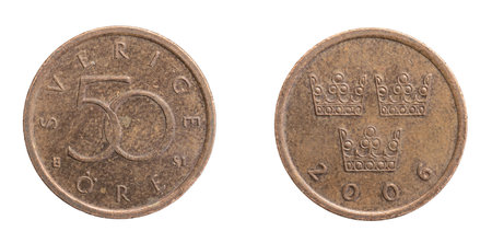 Sweden fifty ore coin on a white isolated backgroundの写真素材