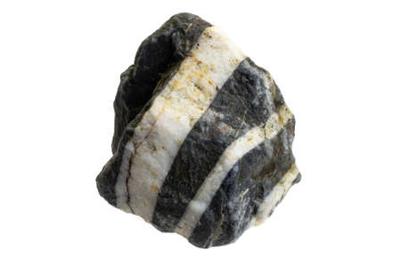 black stone with white quartz stripes against white isolated backgroundの写真素材