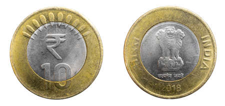 India ten rupees coin on a white isolated backgroundの写真素材