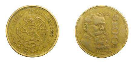 Mexico one hundred pesos coin on a white isolated backgroundの写真素材