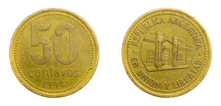 Argentina fifty centavos coin on a white isolated backgroundの写真素材