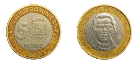 Dominican Republic five pesos coin on white isolated backgroundの写真素材