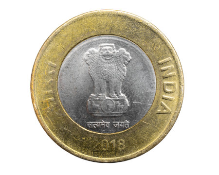 India ten rupees coin on a white isolated backgroundの写真素材