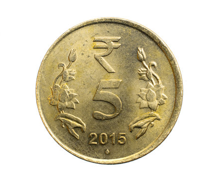 India five rupees coin on a white isolated backgroundの写真素材