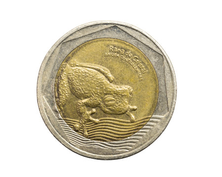 Colombia five hundred pesos coin on a white isolated backgroundの写真素材