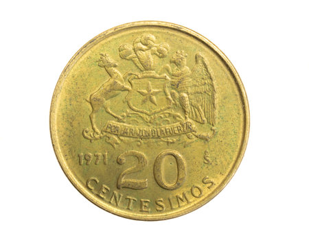 Chile twenty centesimos coin on a white isolated backgroundの写真素材