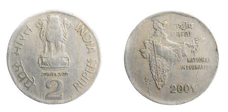 India two rupees coin on a white isolated backgroundの写真素材