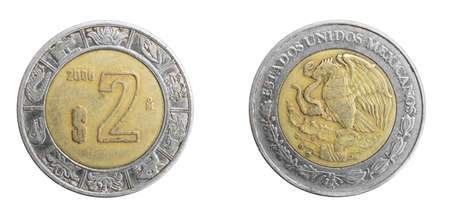 Mexico two pesos coin on a white isolated backgrounの写真素材