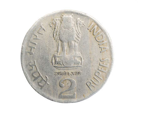 India two rupees coin on a white isolated backgroundの写真素材
