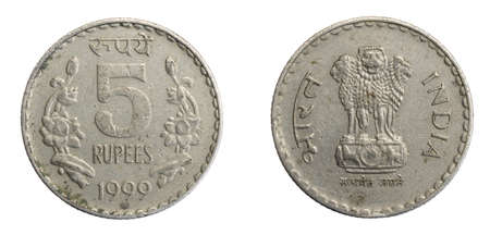 India five rupees coin on a white isolated backgroundの写真素材