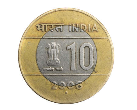 India ten rupees coin on a white isolated backgroundの写真素材