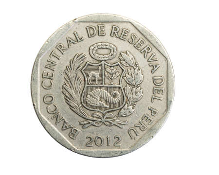 Peru one sol coin on white isolated backgroundの写真素材
