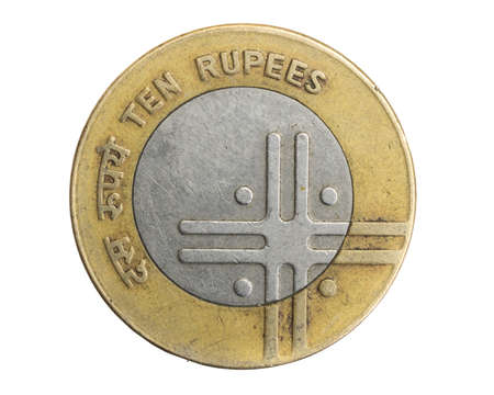India ten rupees coin on a white isolated backgroundの写真素材