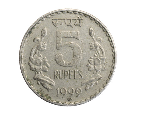 India five rupees coin on a white isolated backgroundの写真素材
