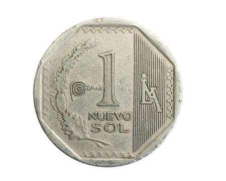 Peru one sol coin on white isolated backgroundの写真素材