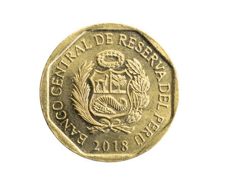Peru ten centimos coin on white isolated backgroundの写真素材