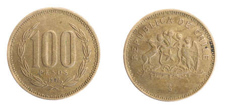 Chile one hundred pesos coin on a white isolated backgroundの写真素材