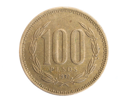 Chile one hundred pesos coin on a white isolated backgroundの写真素材