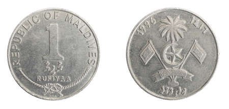 Maldives one rufiyaa coin on white isolated isolated backgroundの写真素材