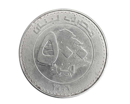 Lebanon five hundred livres coins on a white isolated isolated backgroundの写真素材