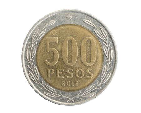 Chile five hundred pesos coins on white isolated isolated backgroundの写真素材
