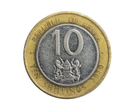 Kenya coin ten shillings on a white isolated backgroundの写真素材