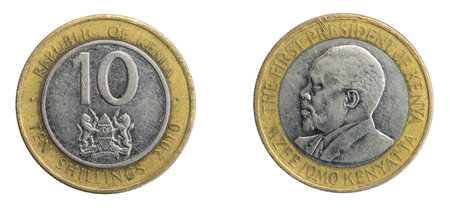 Kenya coin ten shillings on a white isolated backgroundの写真素材