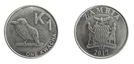 Zambia one kwacha coin on a white isolated backgroundの写真素材