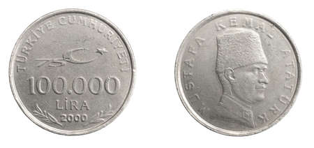Turkey one hundred thousand lira coin on white isolated backgroundの写真素材