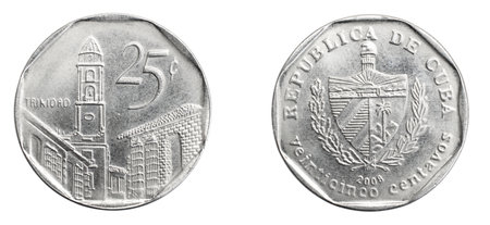 Cuba twenty five centavo coin on white isolated backgroundの写真素材