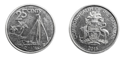 Bahamas twenty five cents coin on white isolated backgroundの写真素材