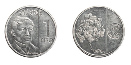 Philippines one piso coin on white isolated backgroundの写真素材