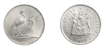 South Africa five cents coin on a white isolated backgroundの写真素材