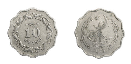 Pakistan ten paisa coin on a white isolated backgroundの写真素材