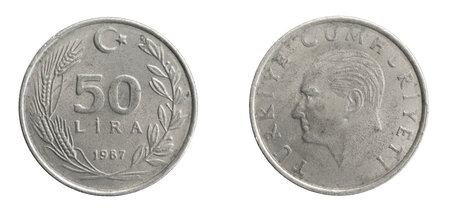 Turkey fifty lira coin on white isolated backgroundの写真素材