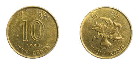 A Hong Kong ten cents coin on a white isolated backgroundの写真素材