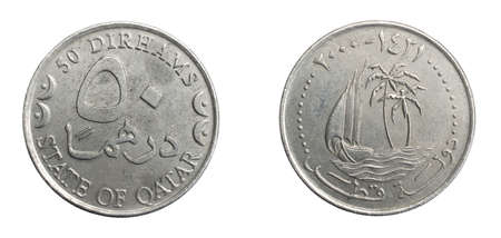 A qatar fifty dirhams coin on a white isolated backgroundの写真素材