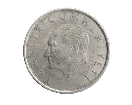 Turkey fifty lira coin on white isolated backgroundの写真素材