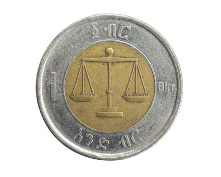 Ethiopia one birr coin on white isolated backgroundの写真素材