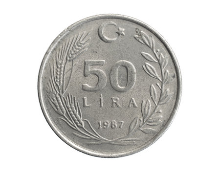Turkey fifty lira coin on white isolated backgroundの写真素材