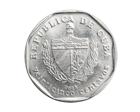 Cuba twenty five centavo coin on white isolated backgroundの写真素材