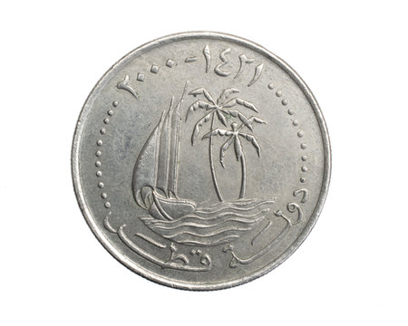 A qatar fifty dirhams coin on a white isolated backgroundの写真素材