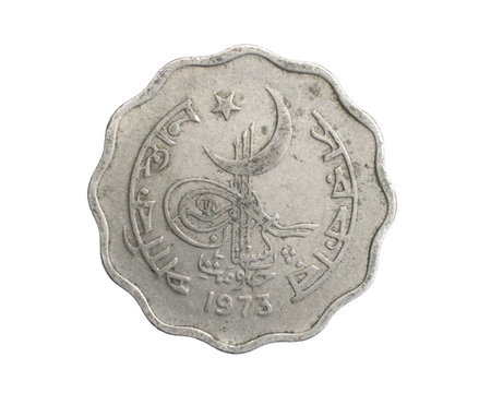 Pakistan ten paisa coin on a white isolated backgroundの写真素材
