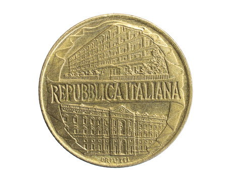 Italy two hundred lira coin on white isolated backgroundの写真素材