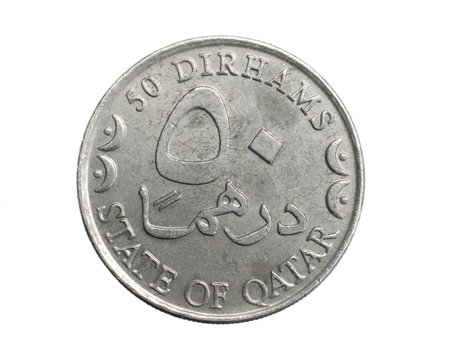 A qatar fifty dirhams coin on a white isolated backgroundの写真素材