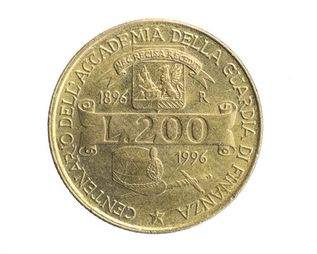 Italy two hundred lira coin on white isolated backgroundの写真素材