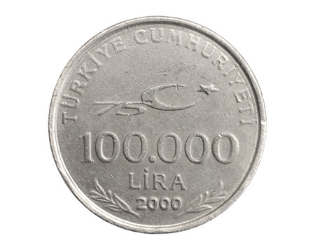 Turkey one hundred thousand lira coin on white isolated backgroundの写真素材