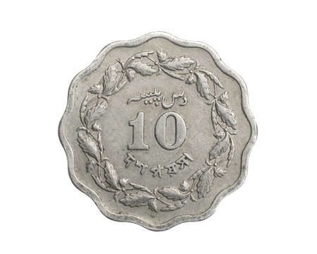 Pakistan ten paisa coin on a white isolated backgroundの写真素材