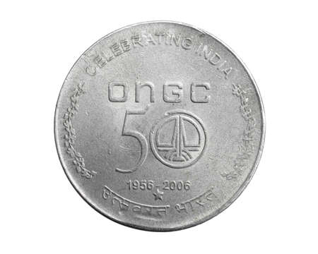 India fifty rupees coin on a white isolated backgroundの写真素材