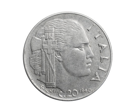 Italy twenty centesimi on a white isolated backgroundの写真素材